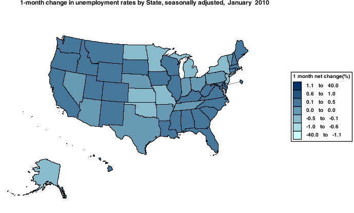 net change employment state map january 2010