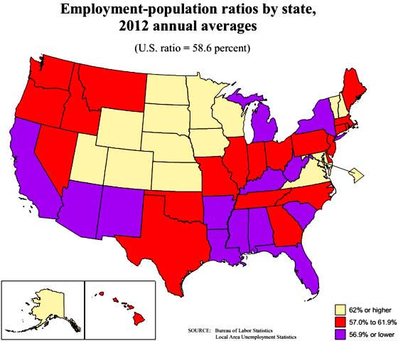 civilian employment population ratio by state map 2012 averages