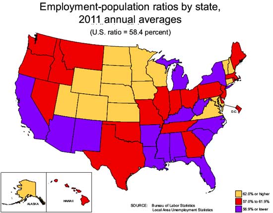 state employment to population ratio map 07-12
