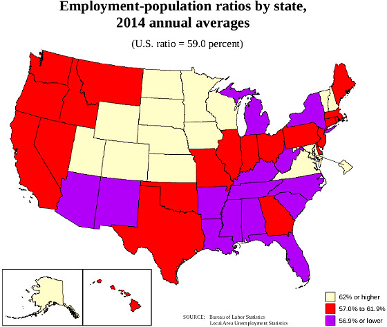 civilian employment population ratio by state map 2014 averages